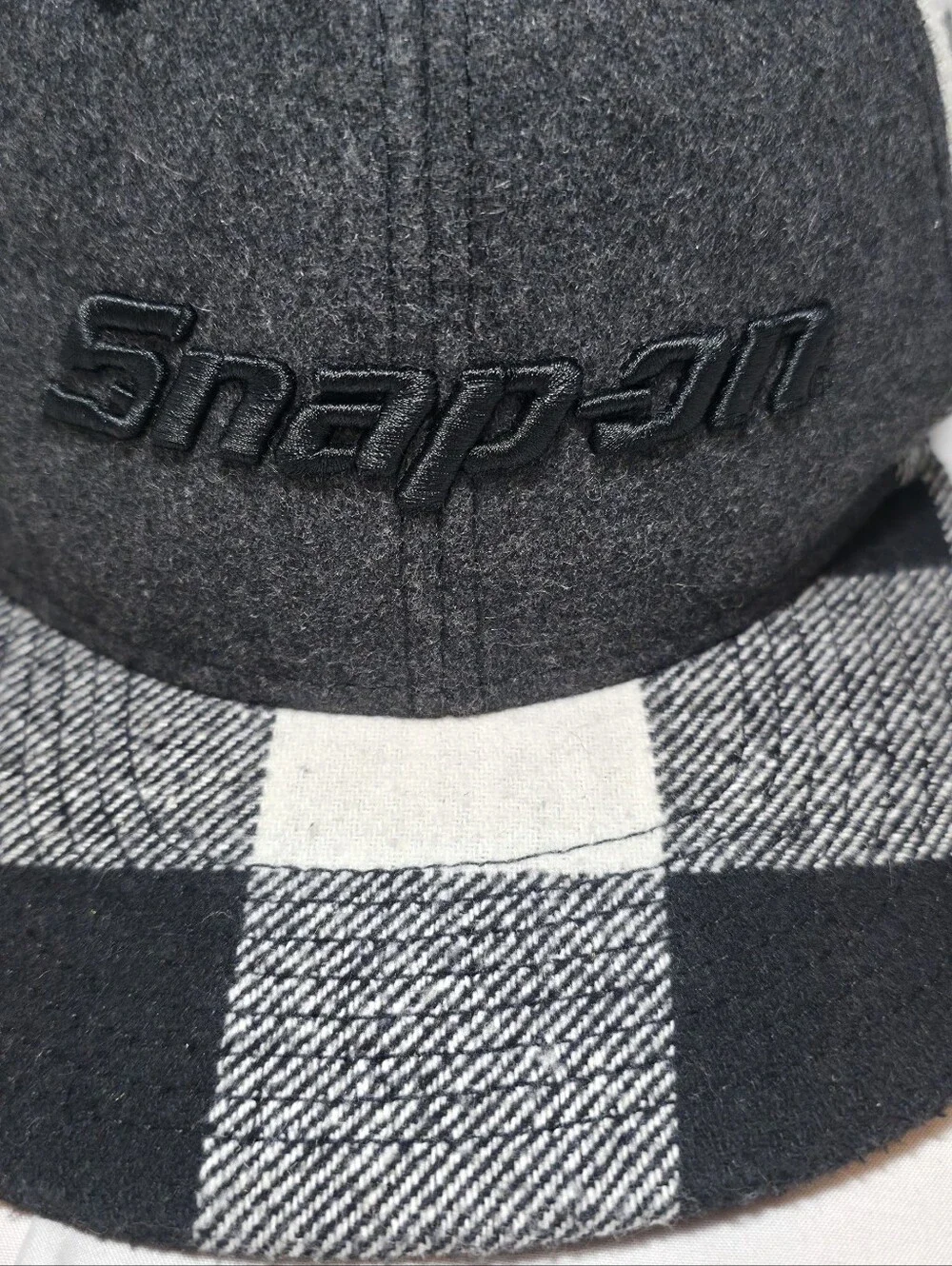 Snap On Wool Blend Plaid Snapback Hat Black, White, Gray